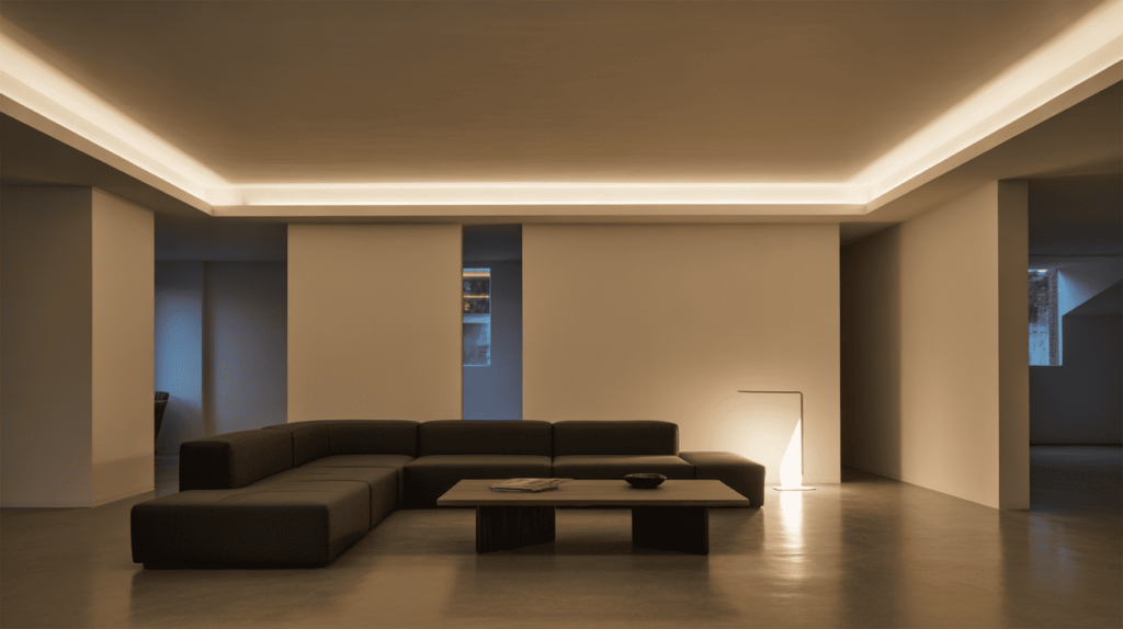 Minimal living room with ceiling cove lighting creating a soft ambient glow