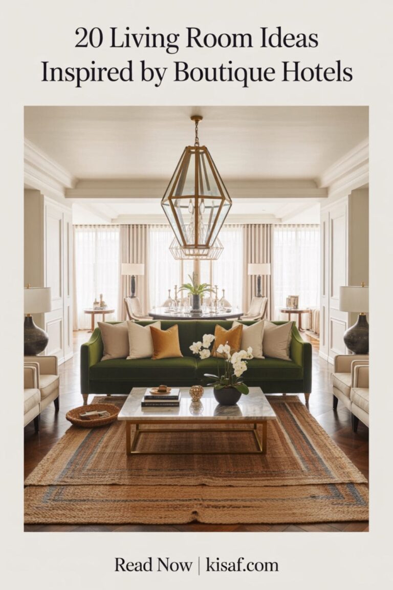 a pinterest style image with a text overlay _20 living room inspired by boutique hotels_, and _Read Now _ Kisaf.com_ at the bottom