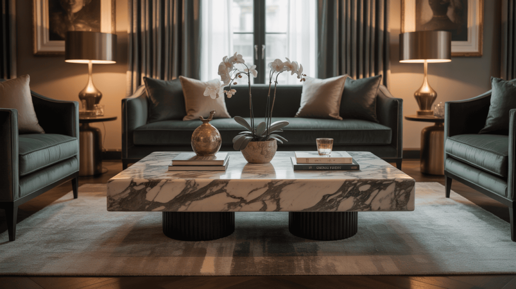Boutique hotel-inspired living room with unique marble coffee table as the centerpiece, elegant décor