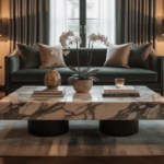 Boutique hotel-inspired living room with unique marble coffee table as the centerpiece, elegant décor