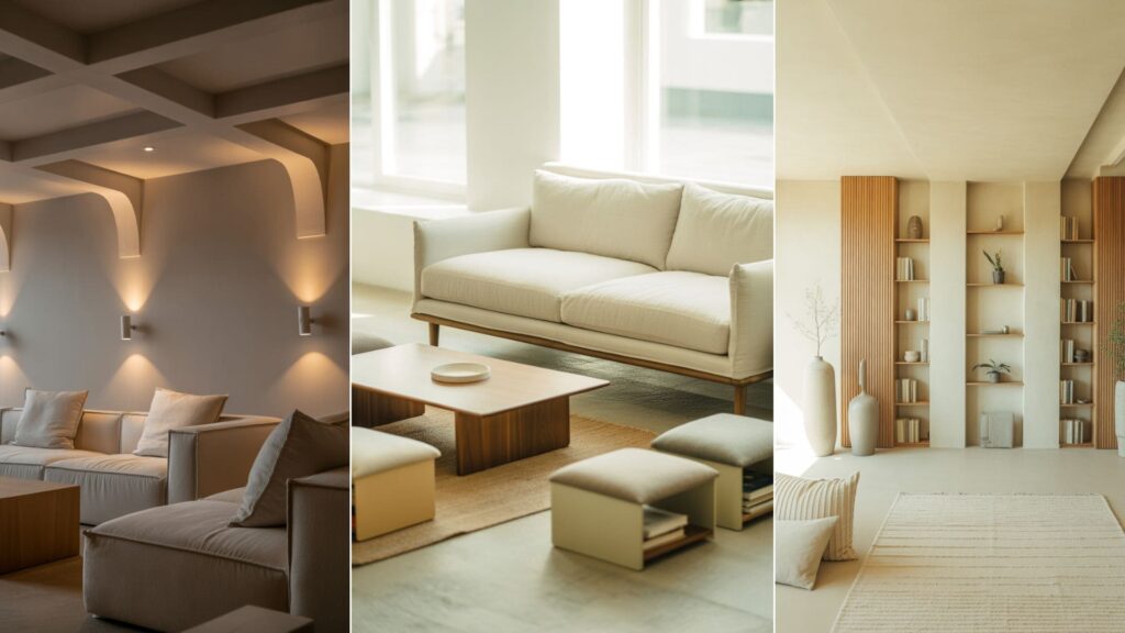 collage of 3 images of 20 Living Room With Low Ceiling Ideas