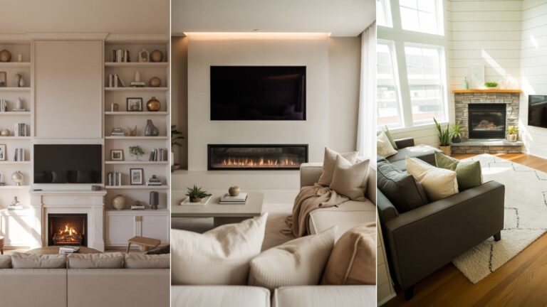 collage of 3 images of Living Room With Fireplace and TV Layouts