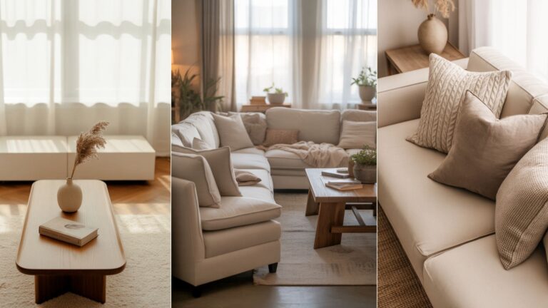 collage of 3 images of living room ideas without new furniture