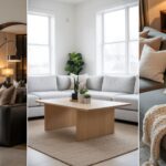 collage of 3 images of living room with grey couch ideas