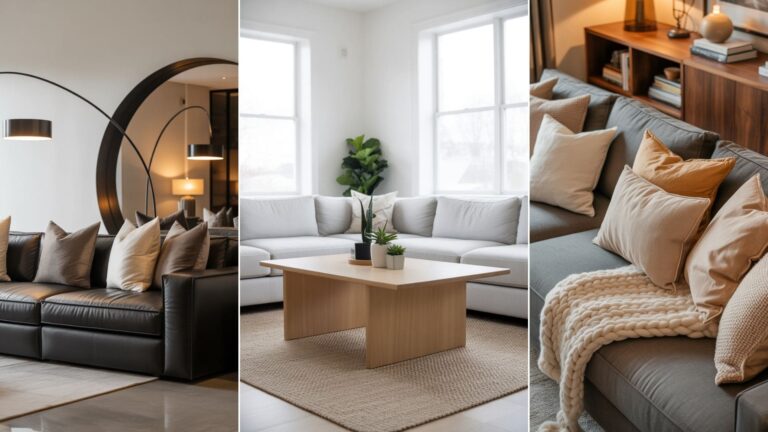 collage of 3 images of living room with grey couch ideas