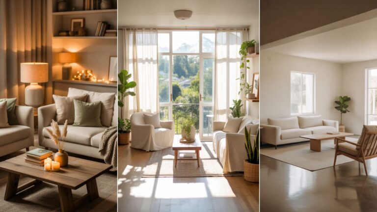 collage of 3 images of living rooms without a tv